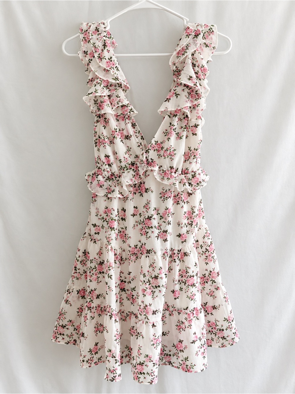 Francescaโs Floral Ruffle V-Neck Mini Dress - Pink Floral